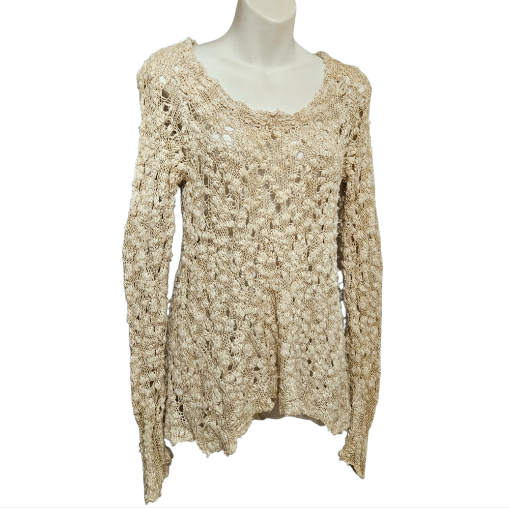 Lucky Brand Popkorn Open Knit Oatmeal Gray Cream Scoop Neck Sweater Top Loose